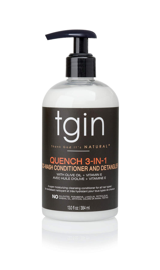 tgin Quench 3-in-1 co-wash bottle delivering curl moisture