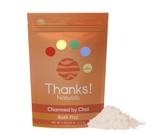 Thanks! Naturals Charmed by Chai bath fizz packaging for a cozy home spa ritual