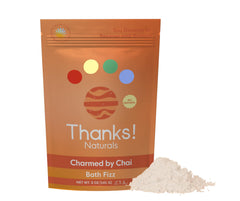 Thanks! Naturals Charmed by Chai bath fizz packaging for a cozy home spa ritual