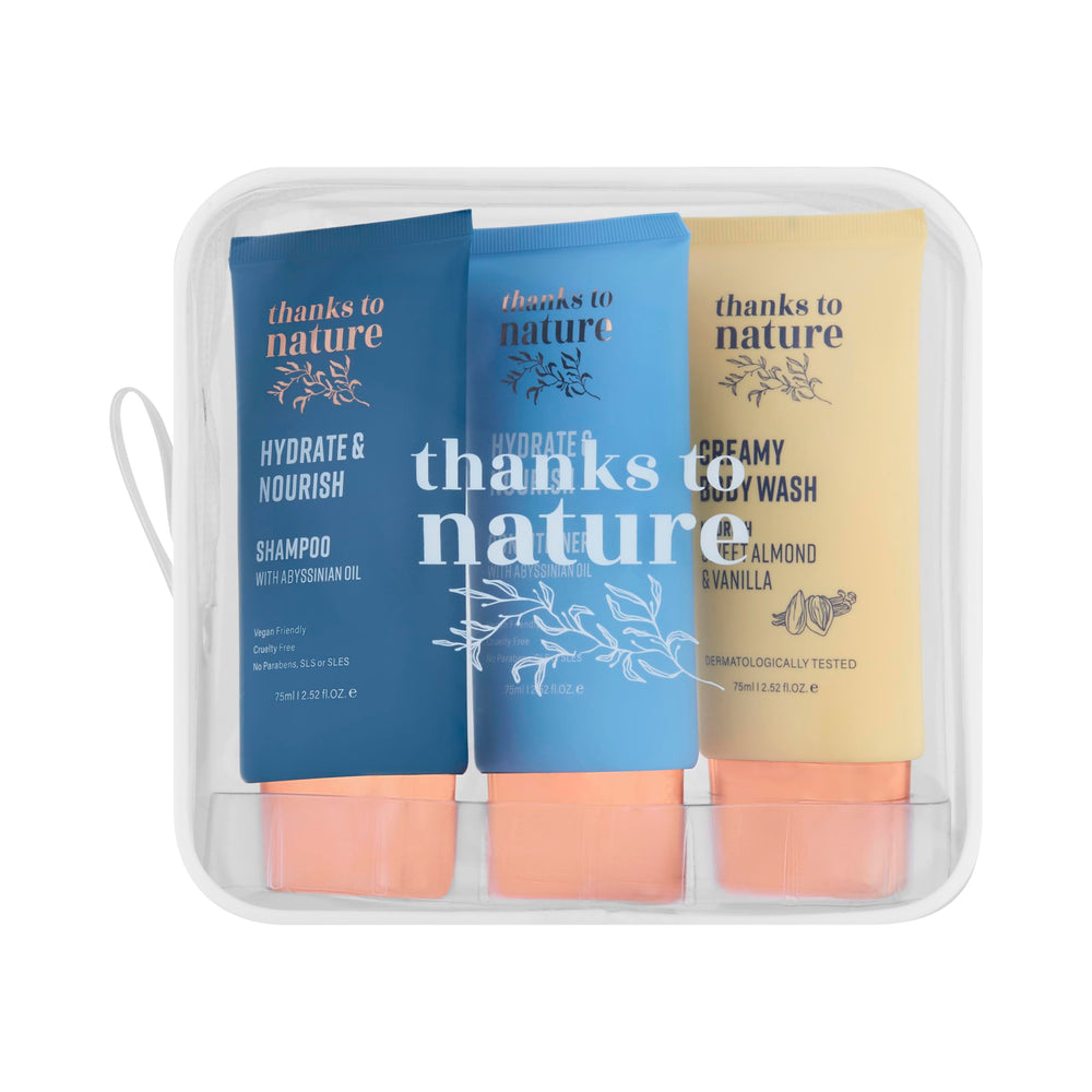 Thanks To Nature Hydrate Mini 3 Pack packshot shows travel-friendly trio for dry hair and skin