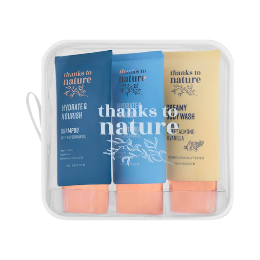 Thanks To Nature Hydrate Mini 3 Pack packshot shows travel-friendly trio for dry hair and skin