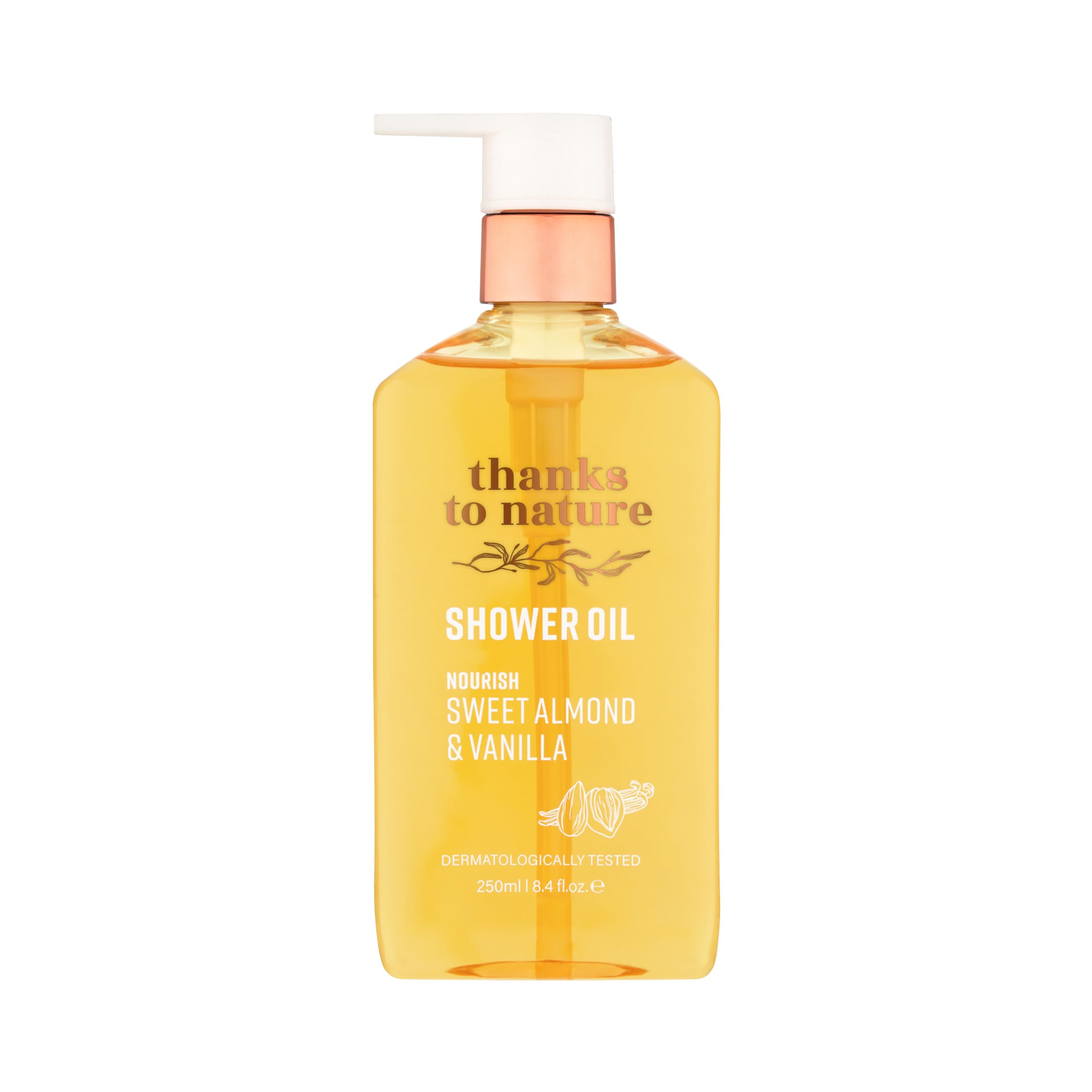 thanks to nature Shower Oil bottle pour demonstrates gentle cleansing and moisturizing.