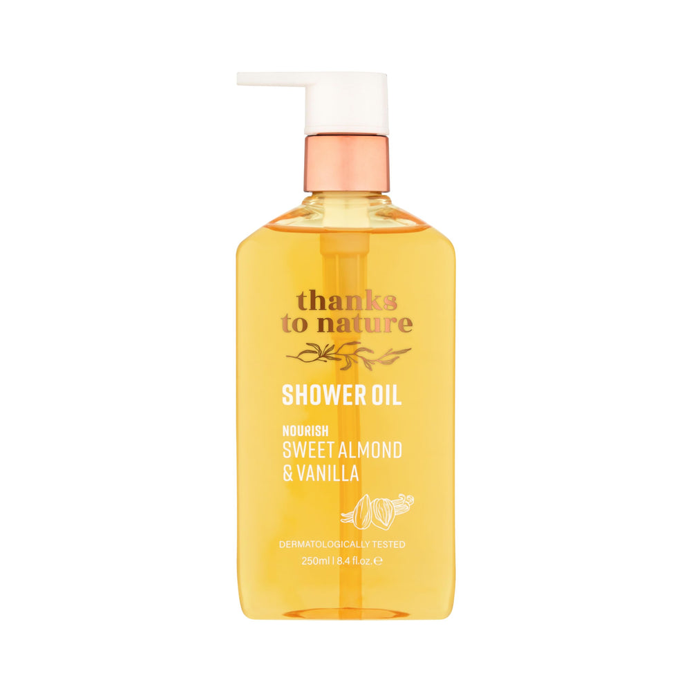 thanks to nature Shower Oil bottle pour demonstrates gentle cleansing and moisturizing.
