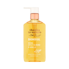 thanks to nature Shower Oil bottle pour demonstrates gentle cleansing and moisturizing.