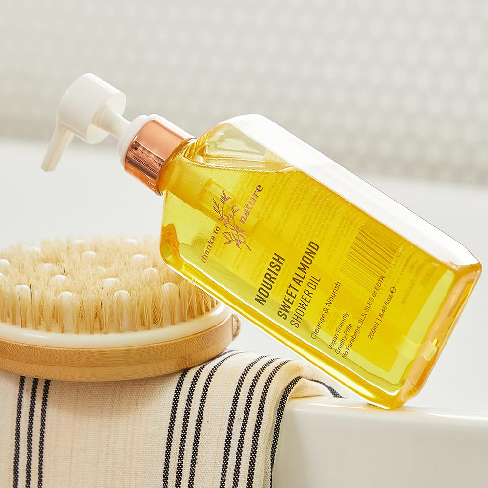 thanks to nature Shower Oil creamy lather envelops skin with vanilla fragrance.