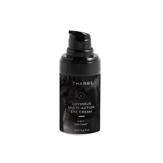 THAROS 3-in-1 eye cream packaging shows vegan formula and hydration benefits.