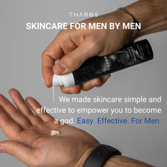 Compact 0.5 fl oz THAROS eye cream ideal for travel.