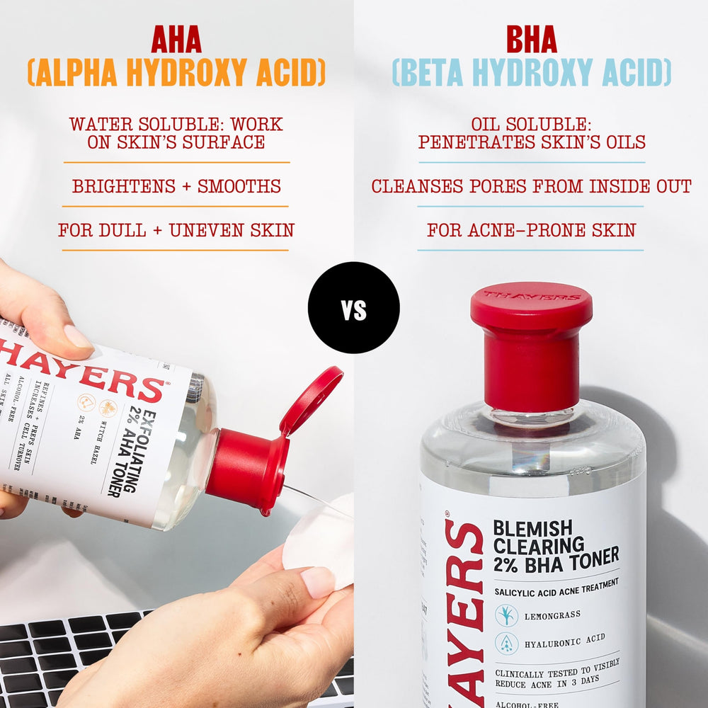 Thayers 2% AHA toner on bathroom shelf suggests quick twice-daily ritual