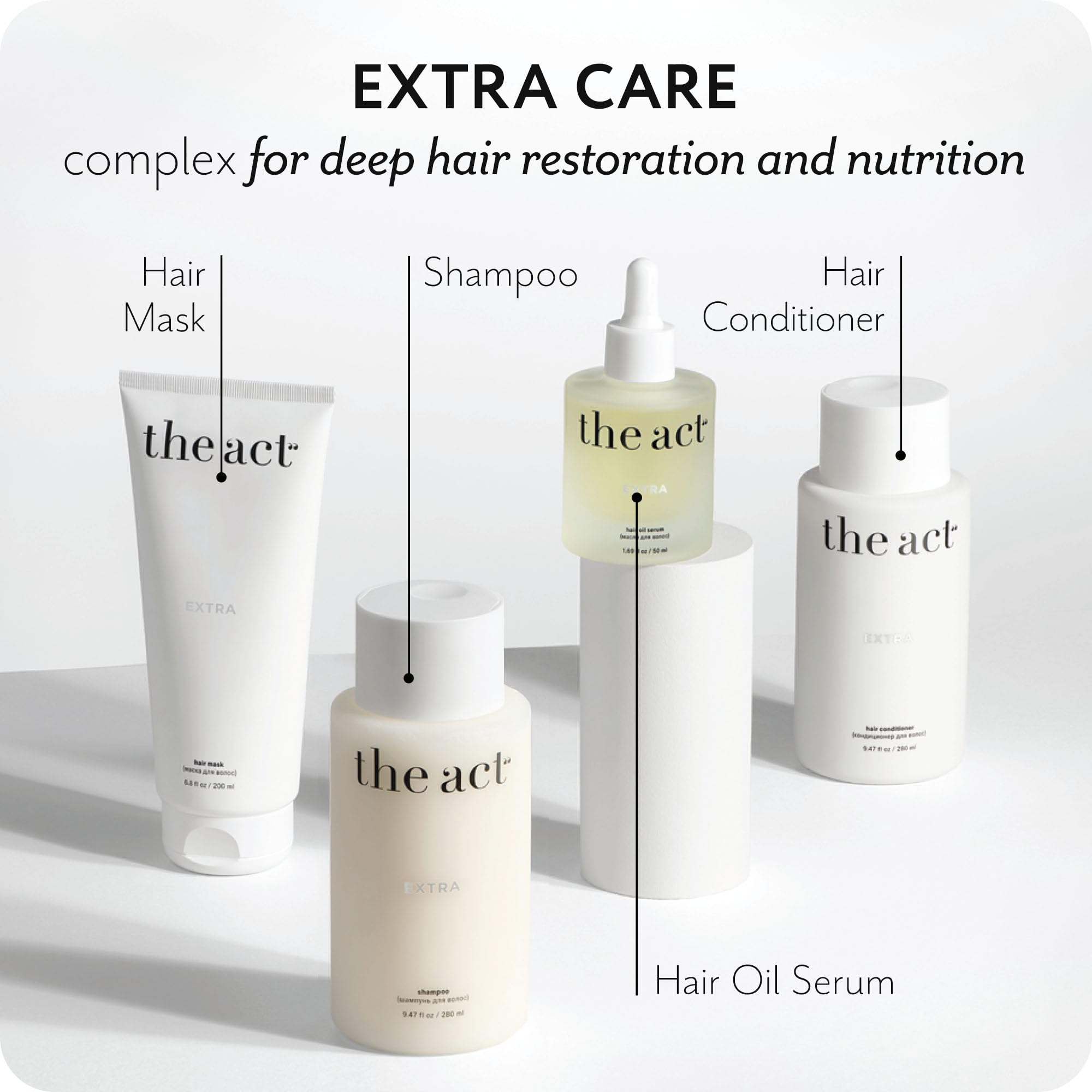 The Act Extra Hair Conditioner bottle on bathroom shelf with calm styling.