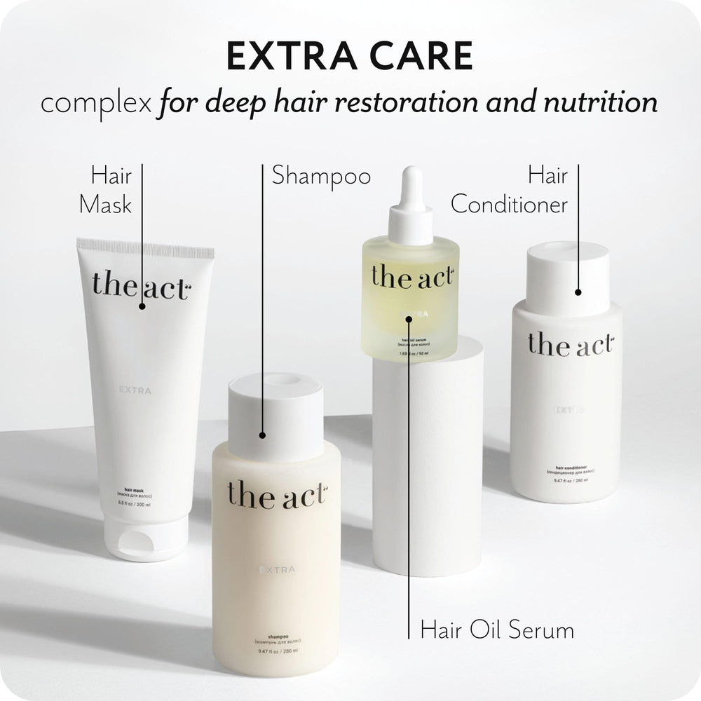 The Act Extra Hair Conditioner bottle on bathroom shelf with calm styling.