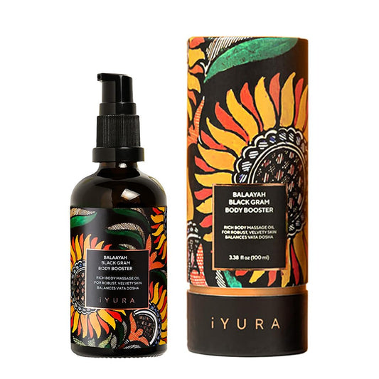 The Ayurveda Experience Balaayah Black Gram Body Booster bottle pour for deep moisturization