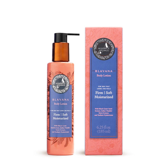 The Ayurveda Experience Blavana body lotion bottle showcases luxurious hydration for daily use.