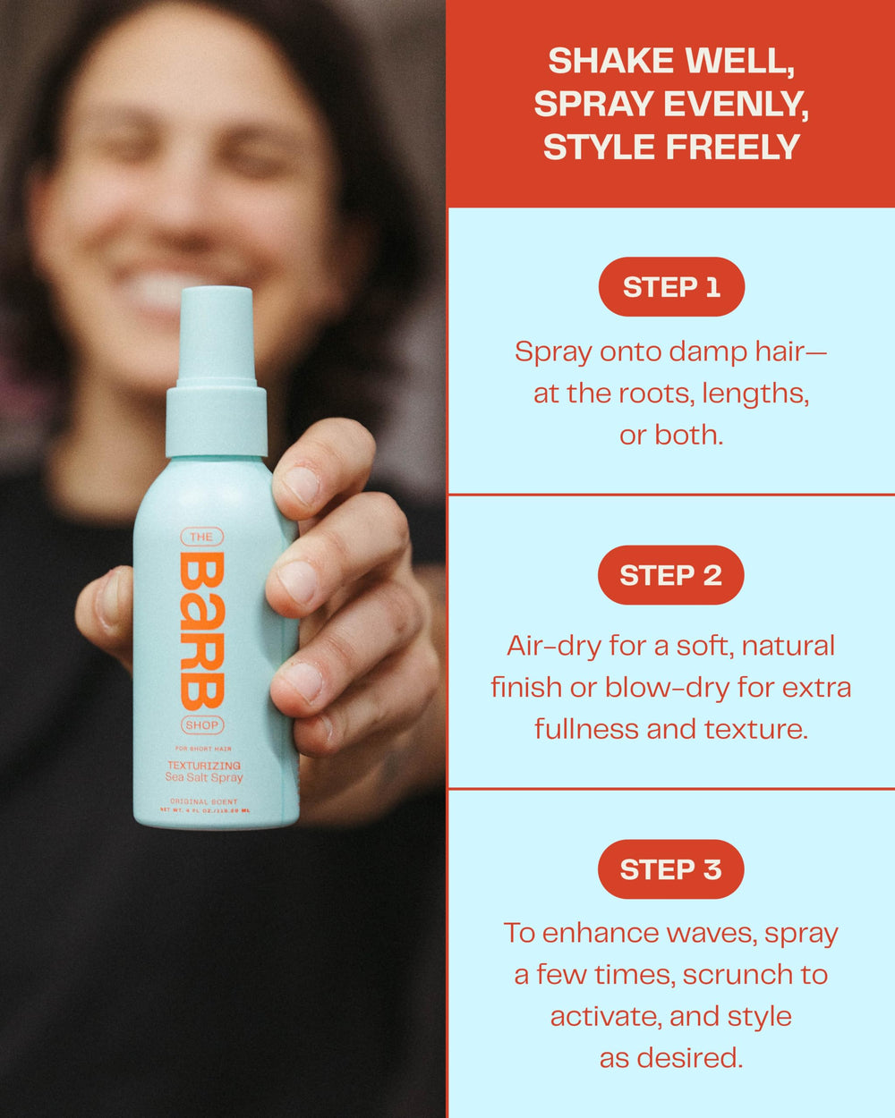 Damp hair application of Barb Sea Salt Spray for easy styling.