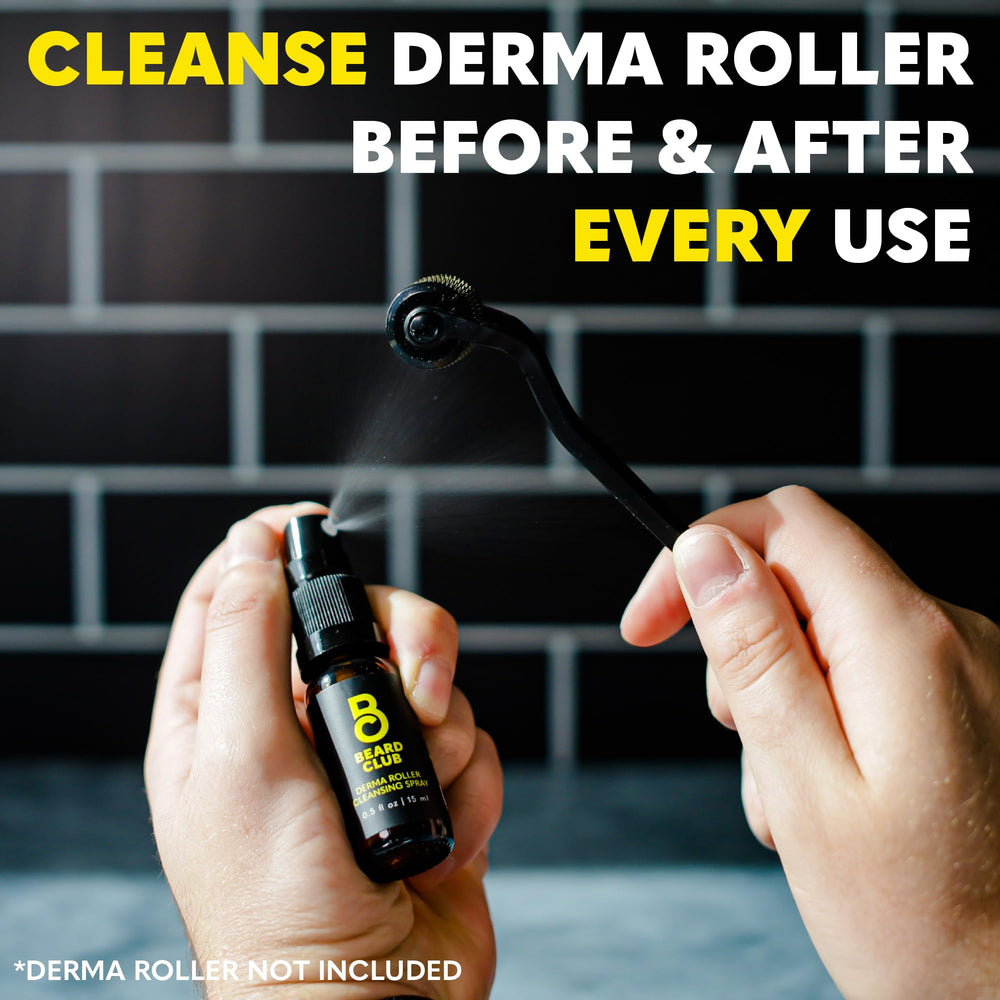 The Beard Club compact derma roller cleanser held in hand.