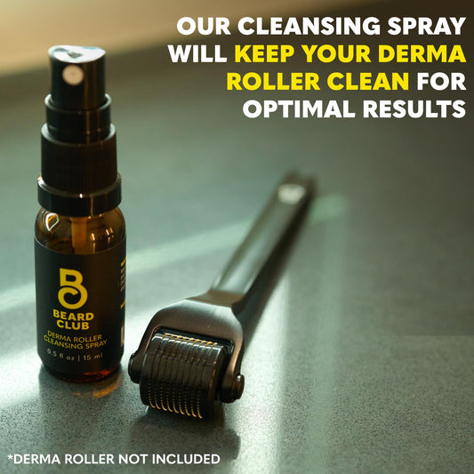 Close-up of derma roller cleaning action with The Beard Club spray.