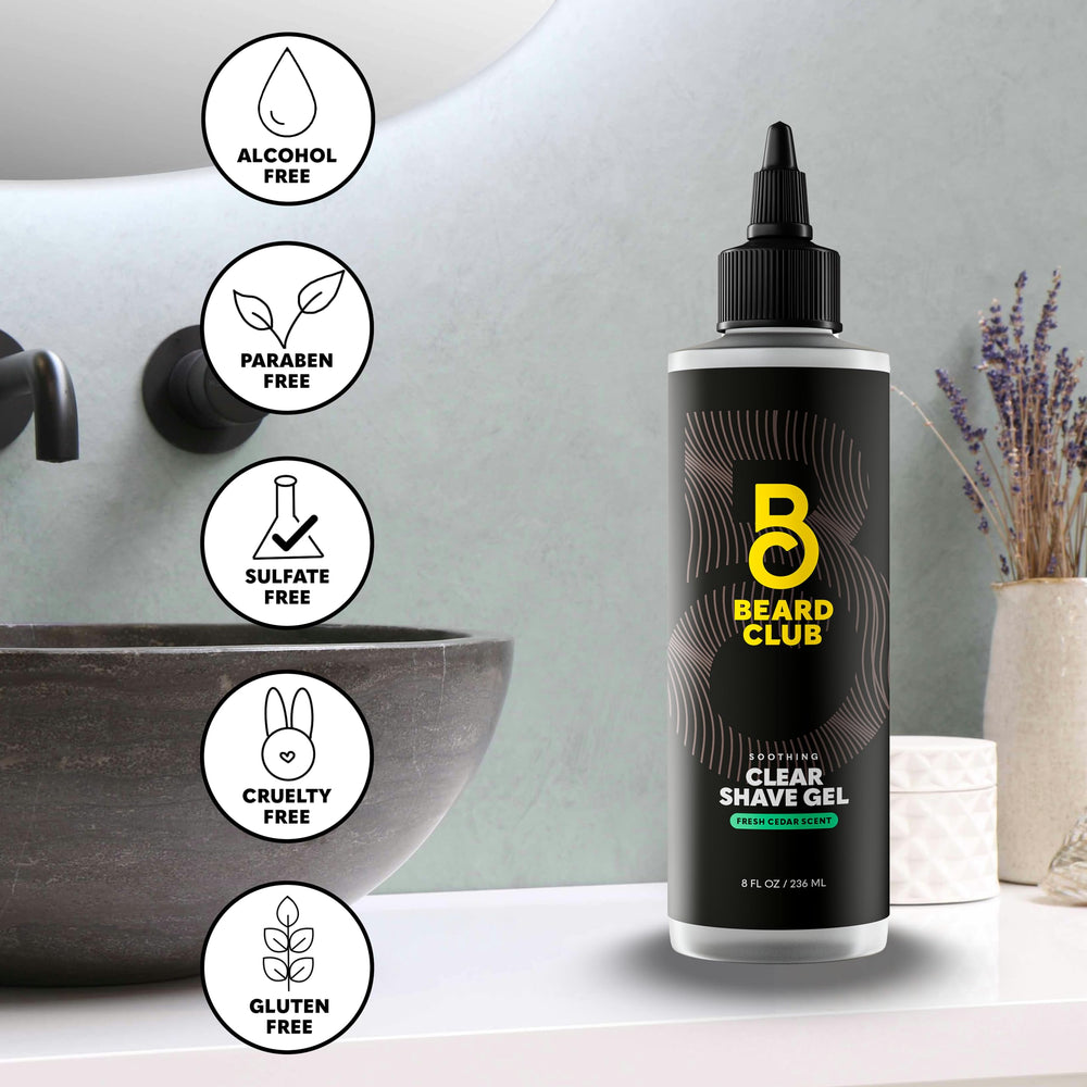 The Beard Club Premium Shaving Gel cedar-scent offers a refreshing aroma during shaving.