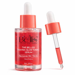 The Belliss Niacinamide 10% Tranexamic Serum bottle showing fragrance-free formula for even skin tone.