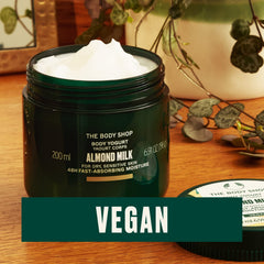 The Body Shop Almond Milk Body Yogurt packaging highlights Spain-sourced almond milk.