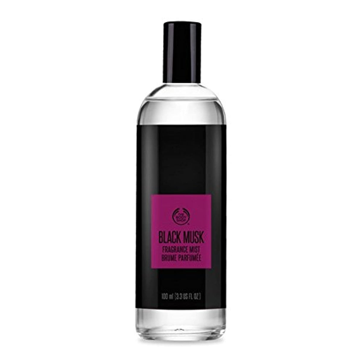 The Body Shop Black Musk fragrance mist bottle close-up for a long-lasting evening scent.
