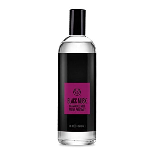The Body Shop Black Musk fragrance mist bottle close-up for a long-lasting evening scent.
