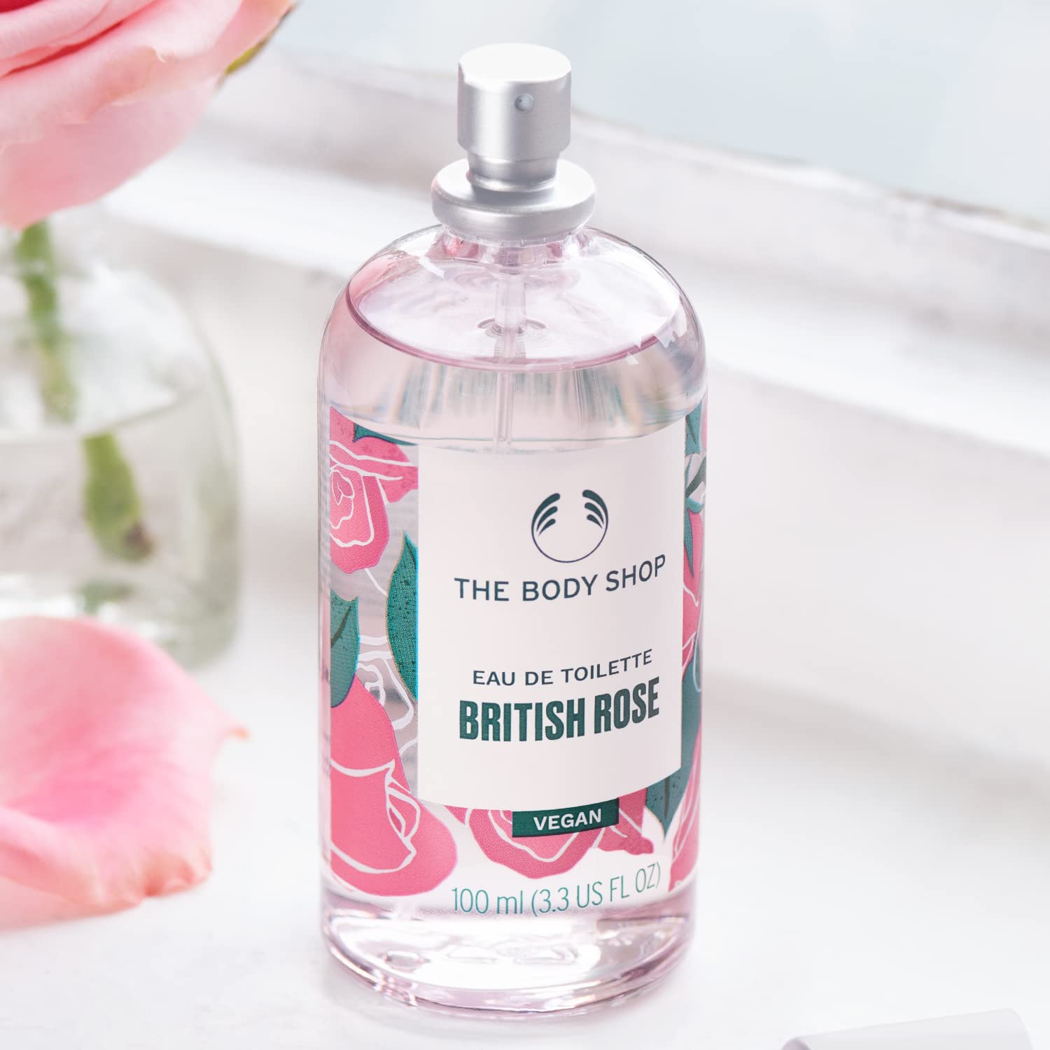 The Body Shop British Rose EDT packaging showcasing vegan and paraben-free claims.