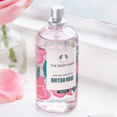 The Body Shop British Rose EDT packaging showcasing vegan and paraben-free claims.