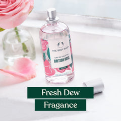 The Body Shop British Rose EDT mist being sprayed, a light summer scent.