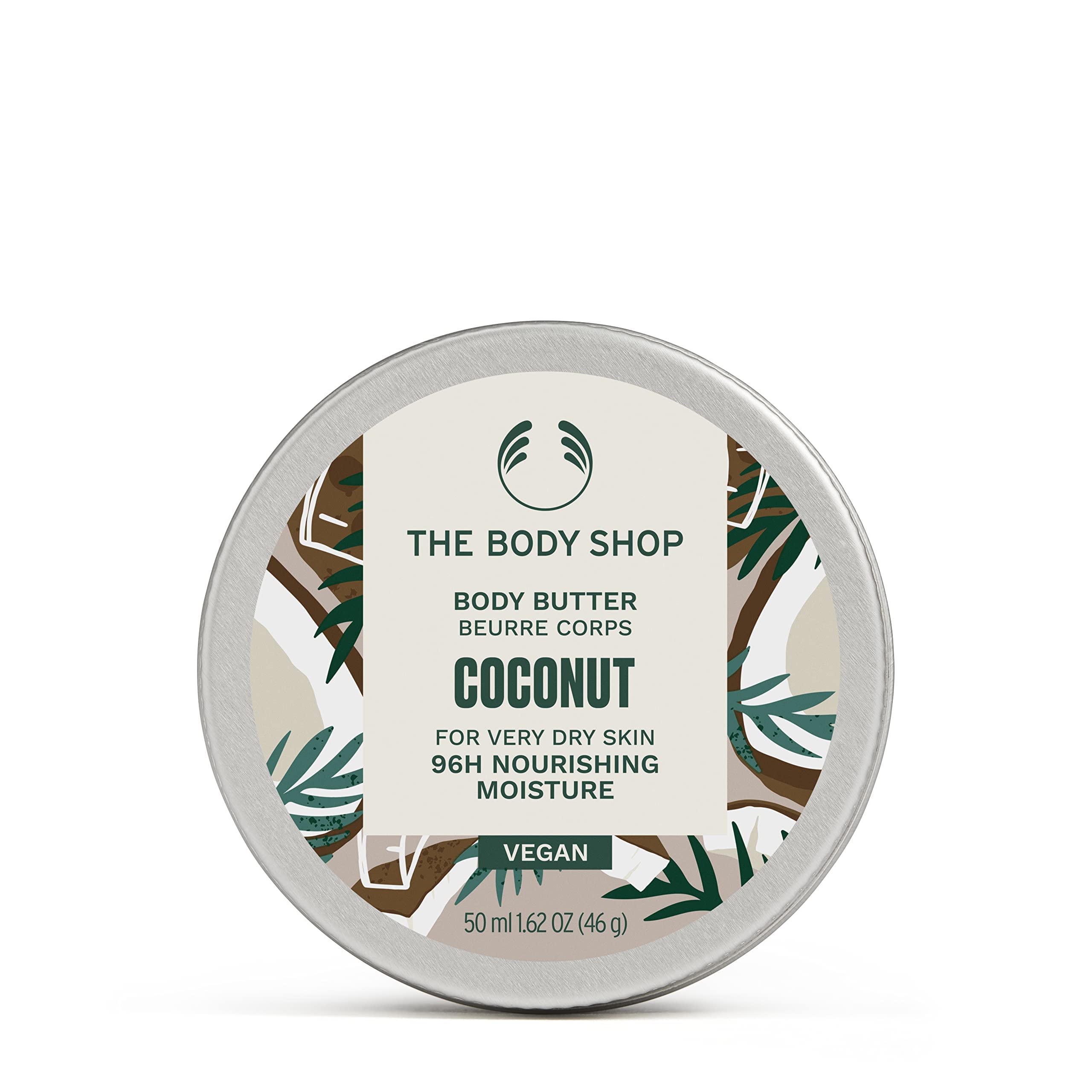 The Body Shop Coconut Body Butter jar close-up shows rich hydration for the skin.