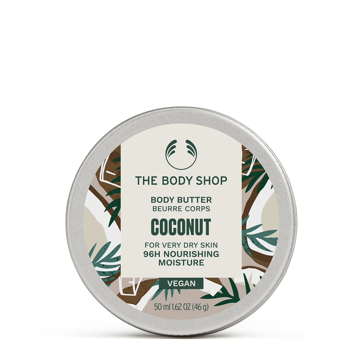 The Body Shop Coconut Body Butter jar close-up shows rich hydration for the skin.