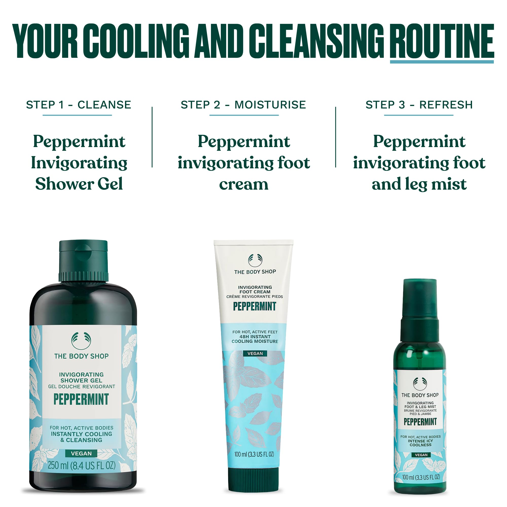The Body Shop Peppermint Invigorating Foot Scrub 3.3 oz container on a shelf.