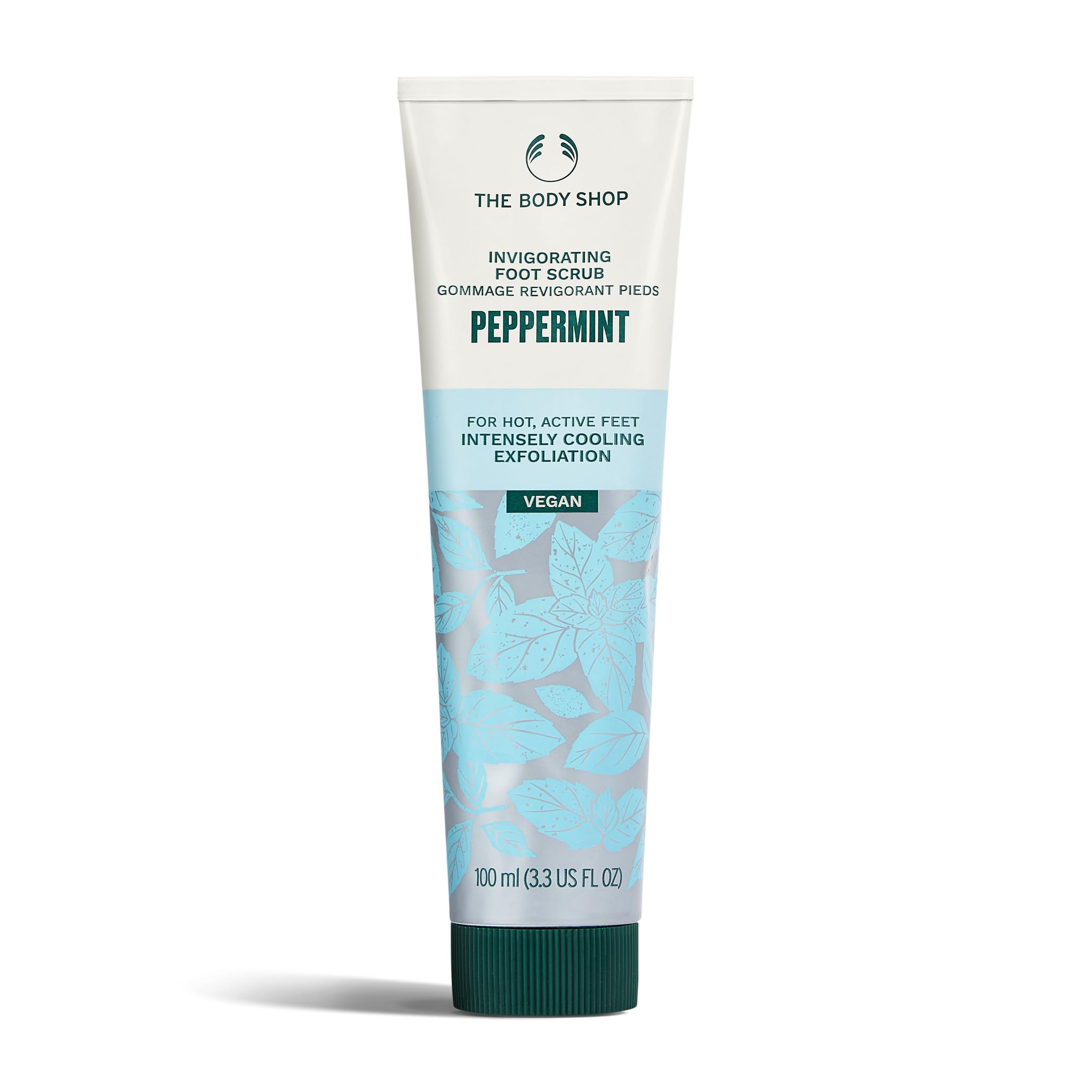 The Body Shop Peppermint Invigorating Foot Scrub bottle promotes a refreshing routine.