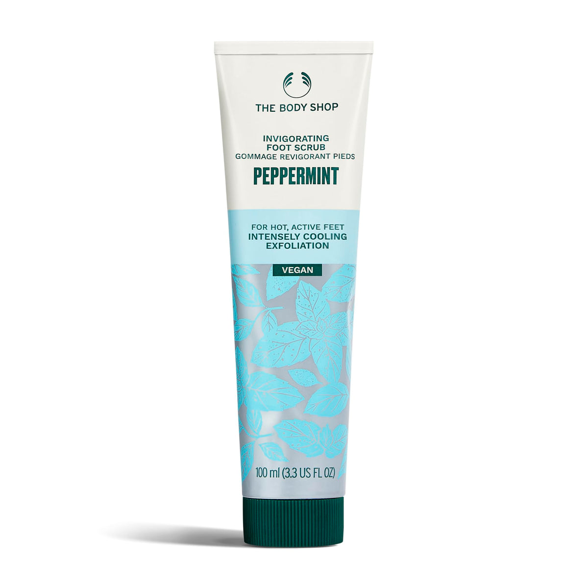 The Body Shop Peppermint Invigorating Foot Scrub bottle promotes a refreshing routine.