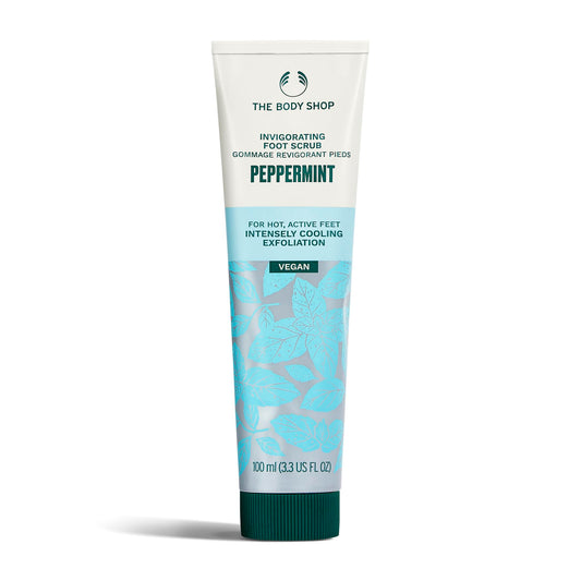 The Body Shop Peppermint Invigorating Foot Scrub bottle promotes a refreshing routine.