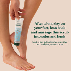 Close-up of rough feet being smoothed with The Body Shop Peppermint Invigorating Foot Scrub.