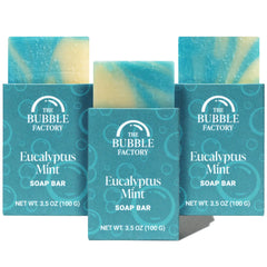 The Bubble Factory Eucalyptus Mint soap bar close-up shows natural ingredients for a fresh cleanse.