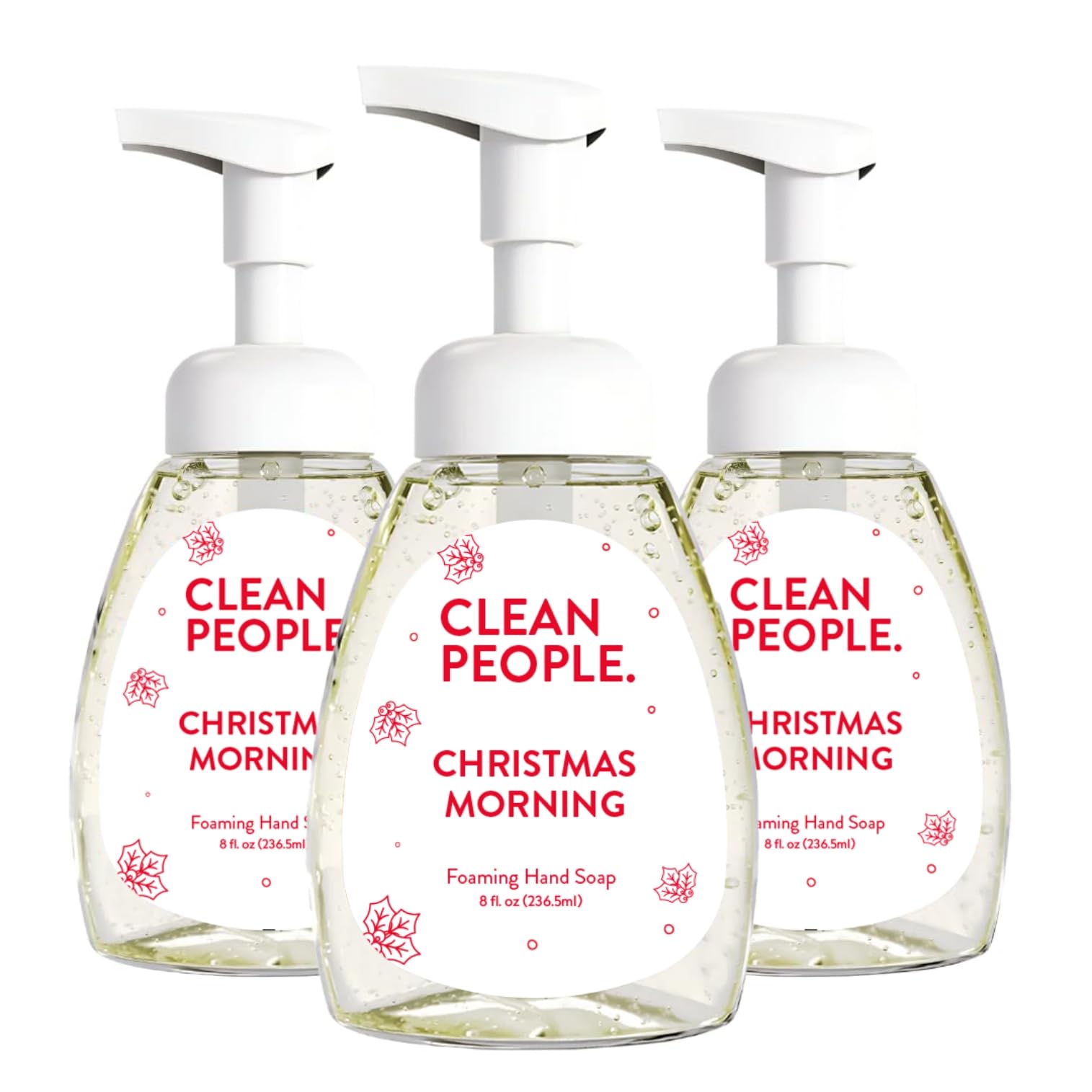 The Clean People Christmas Morning foaming hand soap pump delivers gentle cleansing with essential oils.