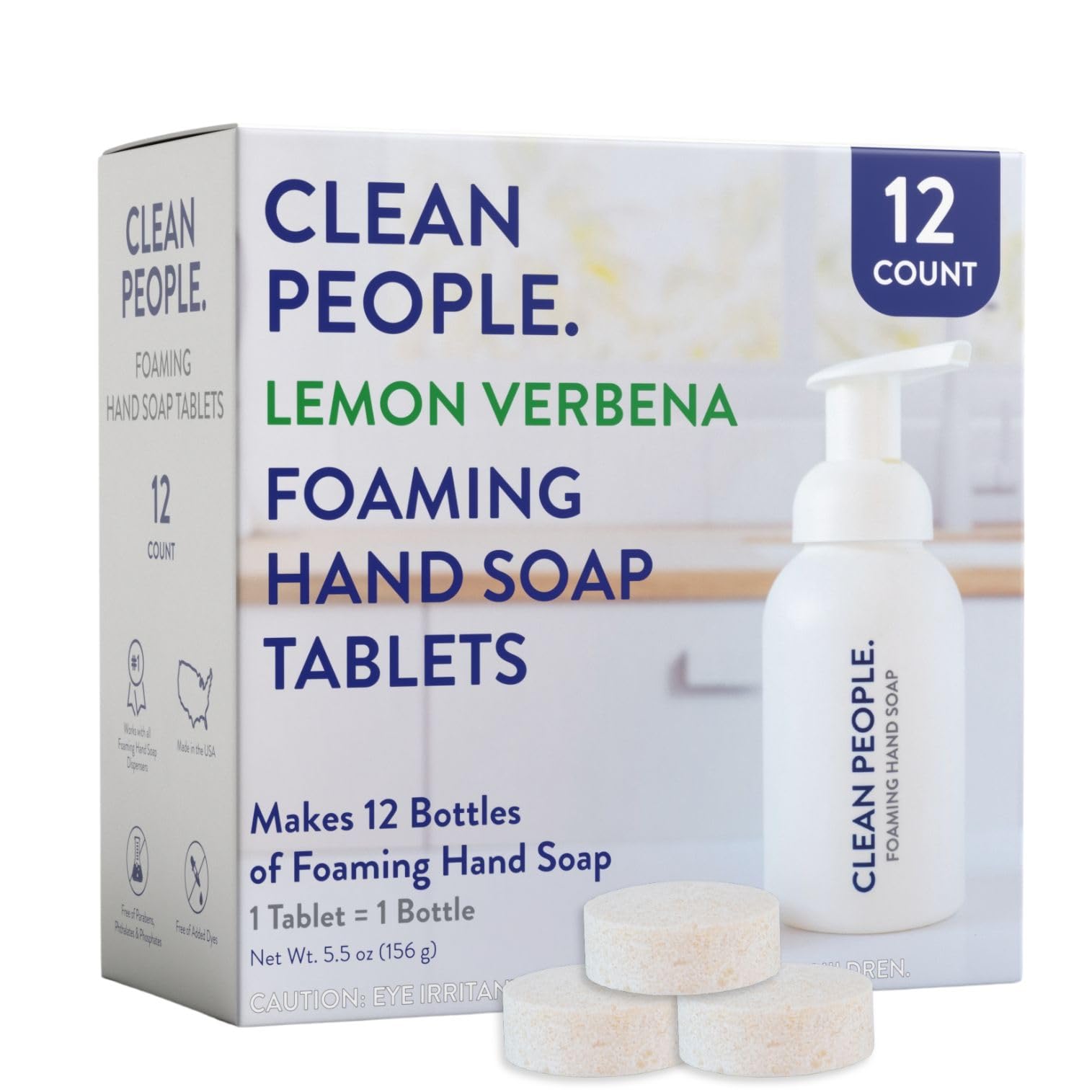 The Clean People Lemon Verbena tablets package close-up, showcasing a dye-free, gentle formulation.