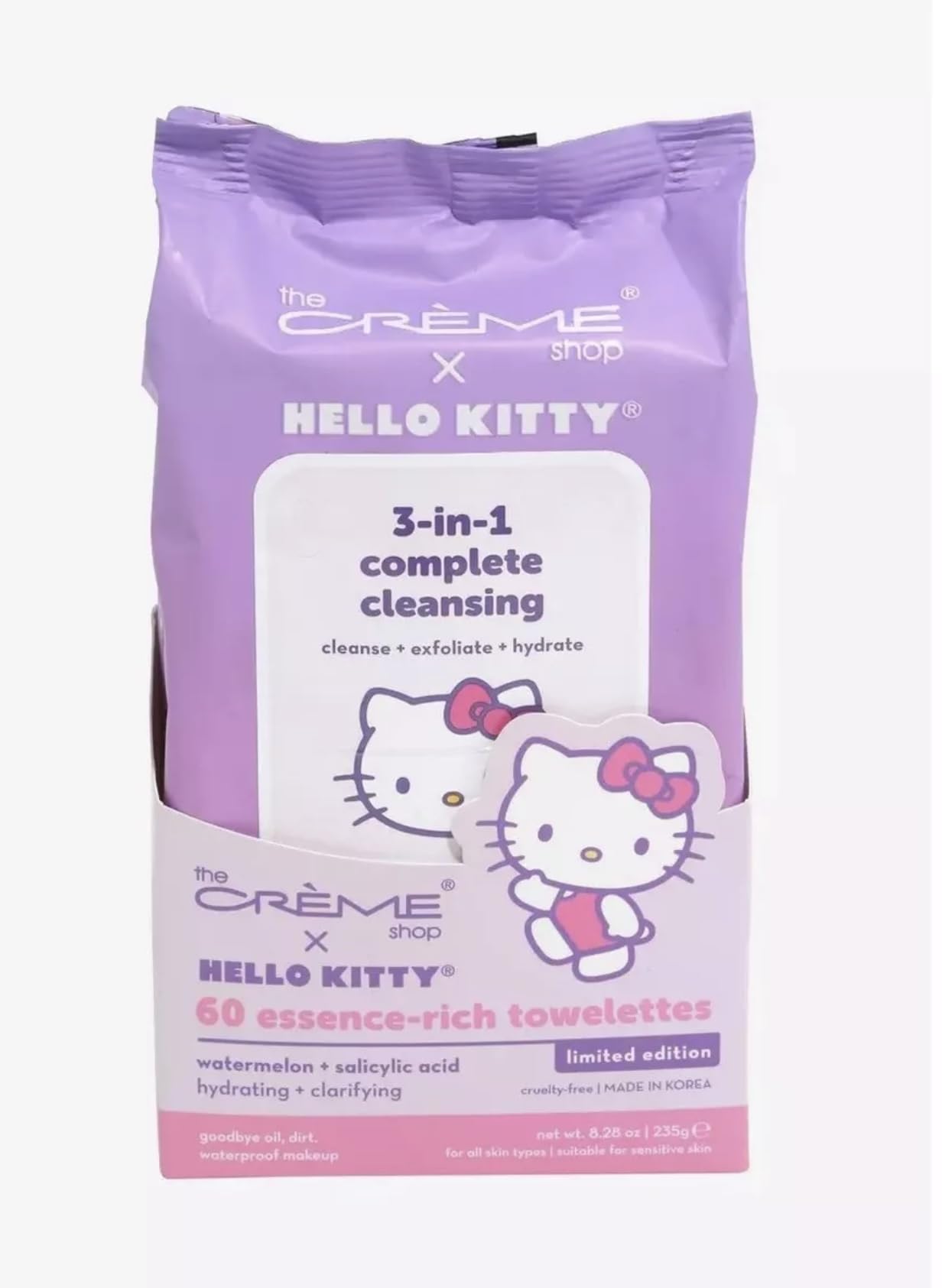 The Crème Shop Hello Kitty 3-in-1 cleansing towelettes deliver hydration and gentle exfoliation.