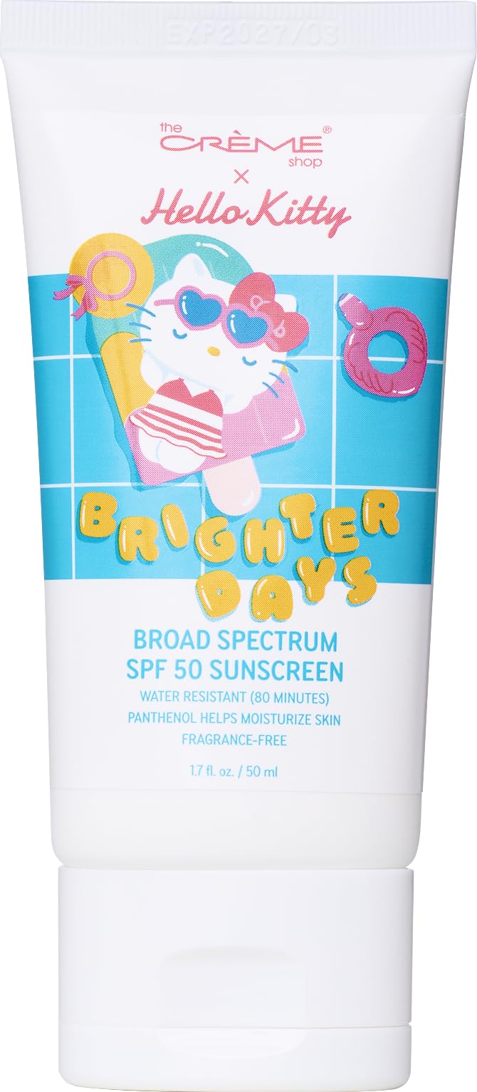 The Crème Shop Hello Kitty sunscreen bottle on vanity, fragrance-free daily protection.
