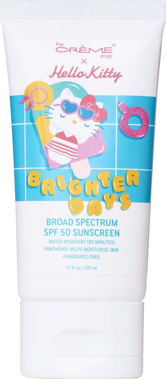 The Crème Shop Hello Kitty sunscreen bottle on vanity, fragrance-free daily protection.