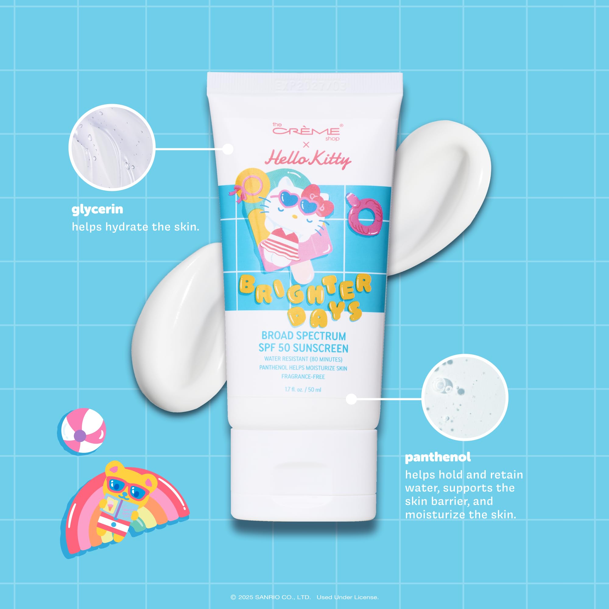 The Crème Shop Hello Kitty sunscreen texture swatch: moisturizing, non-greasy finish.