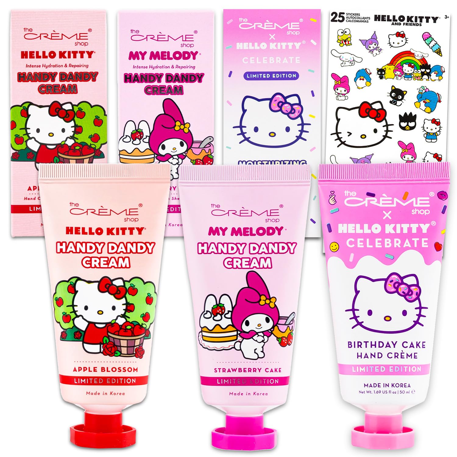 The Creme Shop Hello Kitty hand lotion pack with Strawberry Cake tubes for daily moisture.