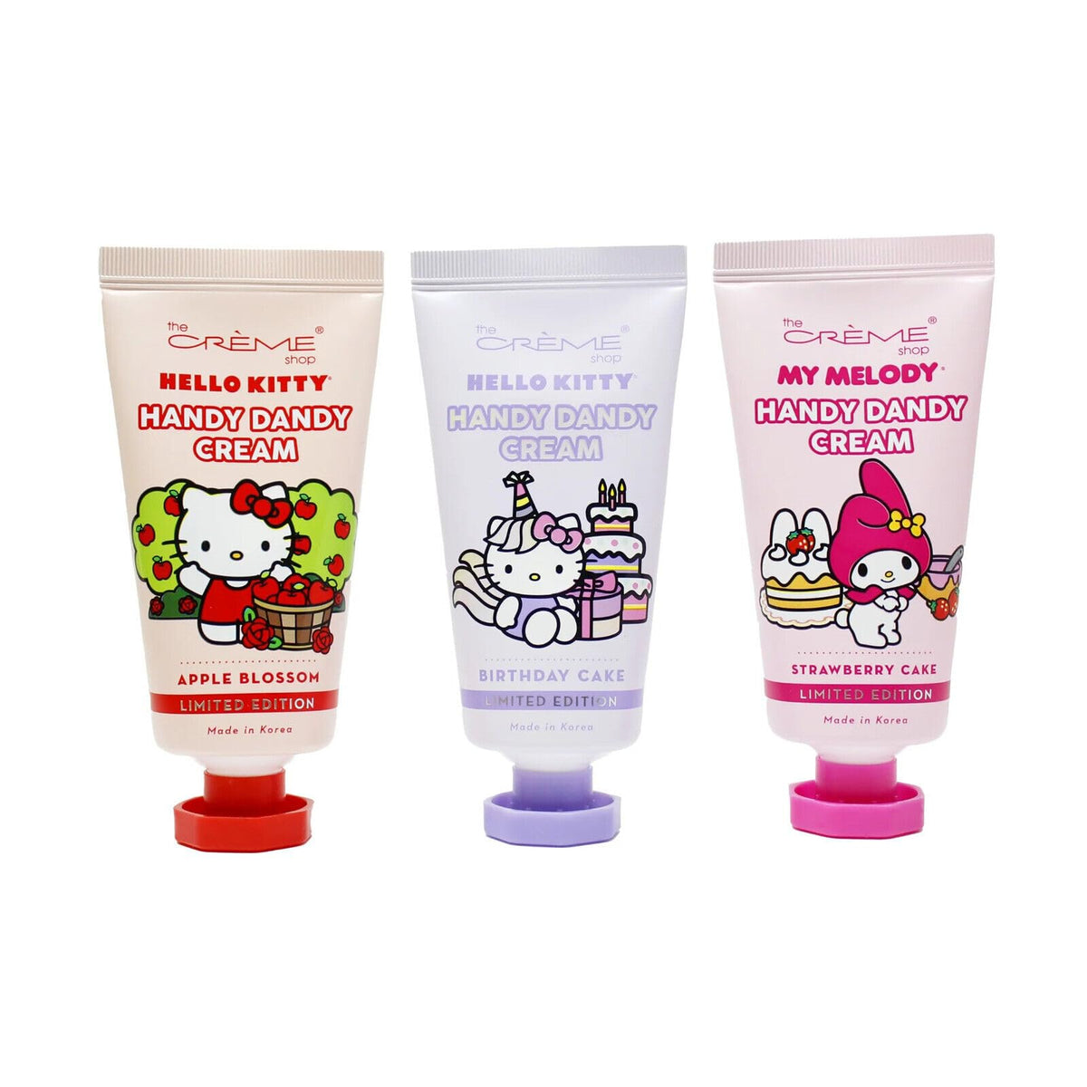 The Crème Shop Hello Kitty hand crème trio, three scents for dry skin nourishment and quick absorption.