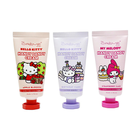 The Crème Shop Hello Kitty hand crème trio, three scents for dry skin nourishment and quick absorption.