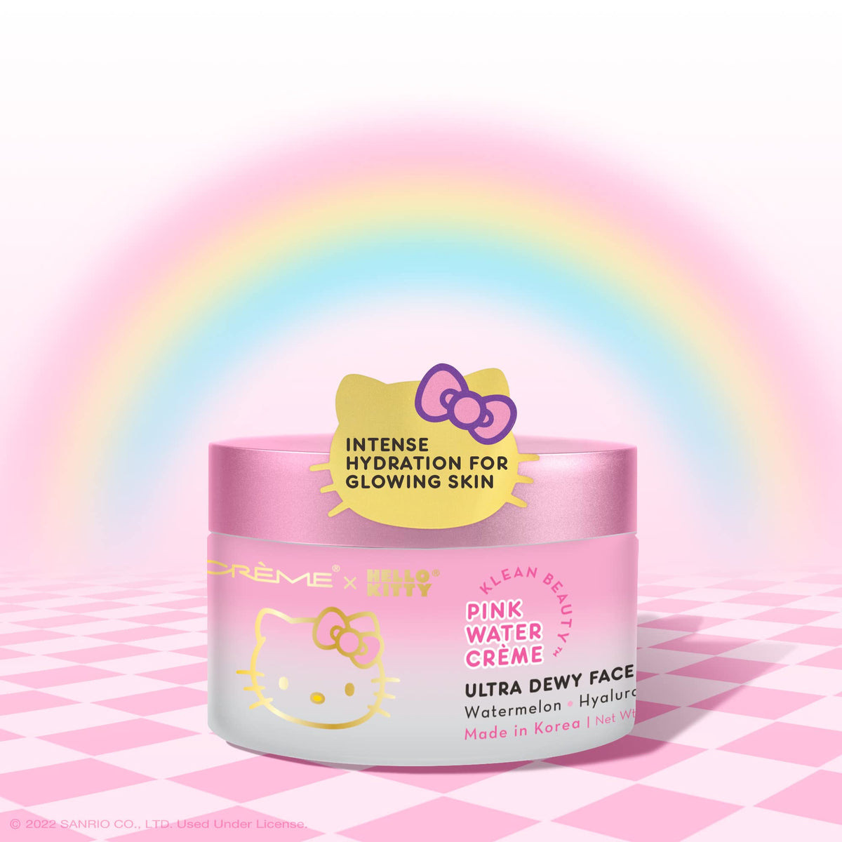 The Crème Shop Hello Kitty Pink Water Crème bottle hydrates and refreshes skin.