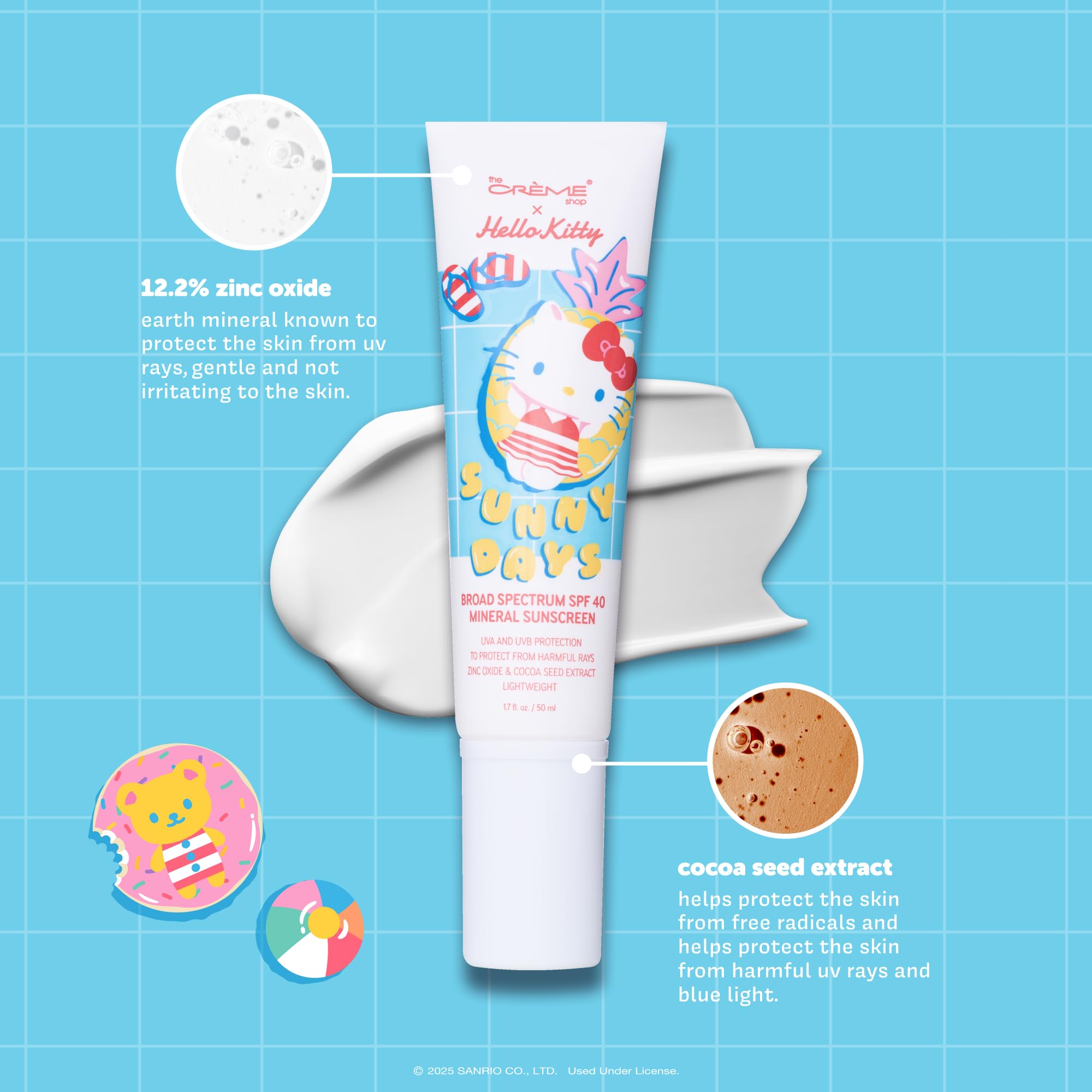 The Crème Shop Hello Kitty Sunny Days SPF 40 packaging showing vegan formula.