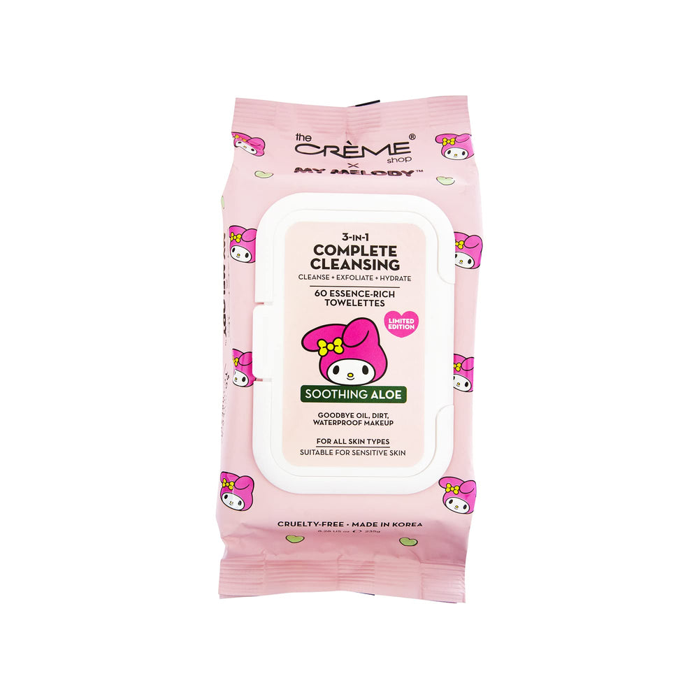 The Crème Shop My Melody 3-in-1 cleansing towelettes with aloe for quick makeup removal.