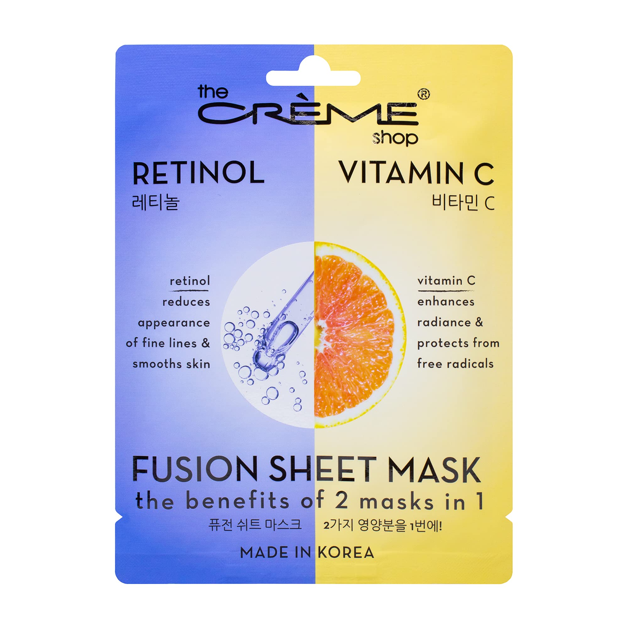 The Crème Shop Retinol and Vitamin C Fusion Sheet Mask close-up highlighting brightening and smoothing.