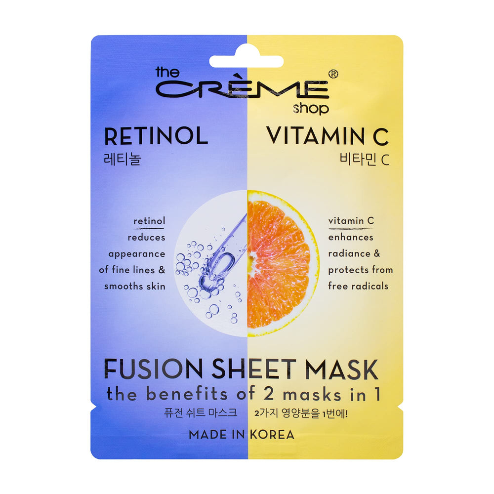 The Crème Shop Retinol and Vitamin C Fusion Sheet Mask close-up highlighting brightening and smoothing.
