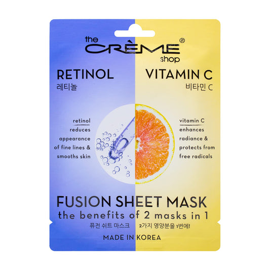 The Crème Shop Retinol and Vitamin C Fusion Sheet Mask close-up highlighting brightening and smoothing.